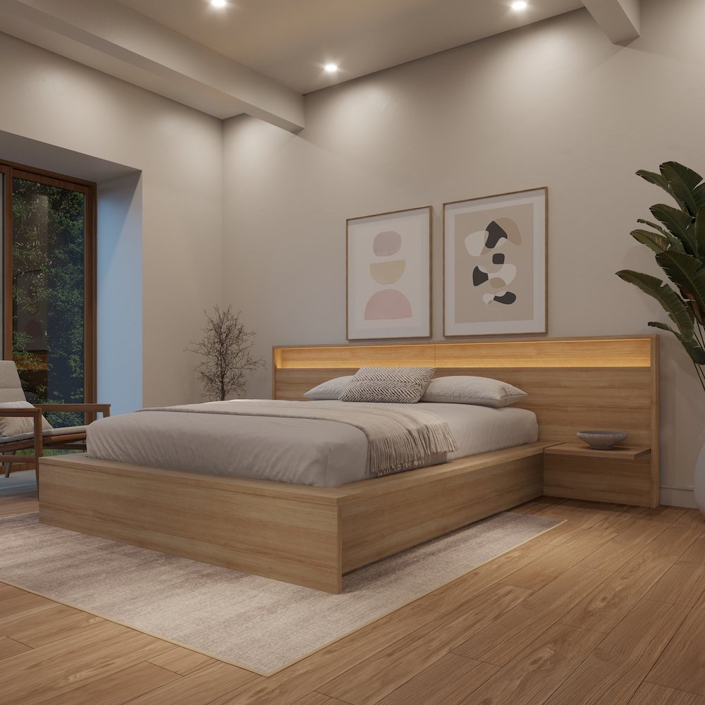 Luna Bedroom Set with Slatted Bedframe, Wide Headboard with Lights and Shelves. Picture 4