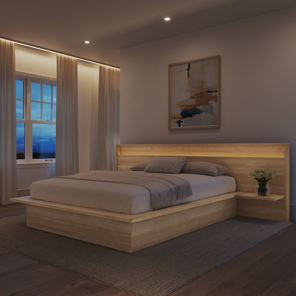 Extended Headboard with Integrated Shelves and Lighting Natural Blonde Oak Color. Picture 5