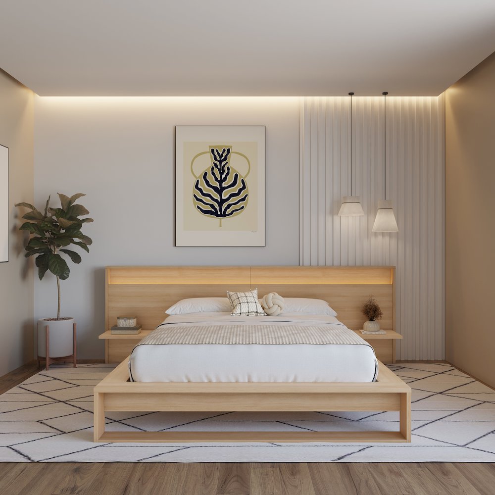 Extended Headboard with Integrated Shelves and Lighting Natural Blonde Oak Color. Picture 3