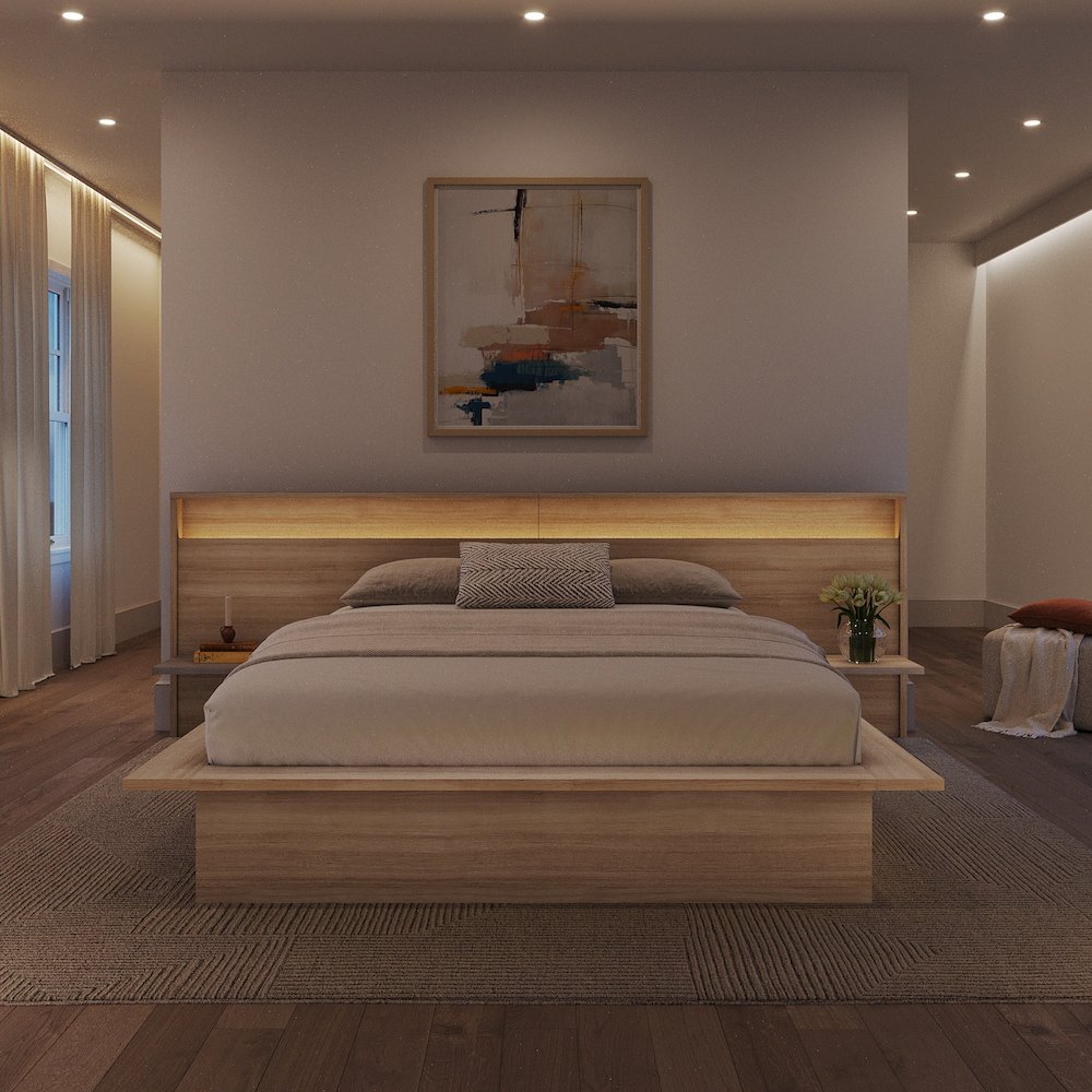 Lido Extended Headboard with Integrated Shelves and Lighting Brown Oak Color. Picture 4