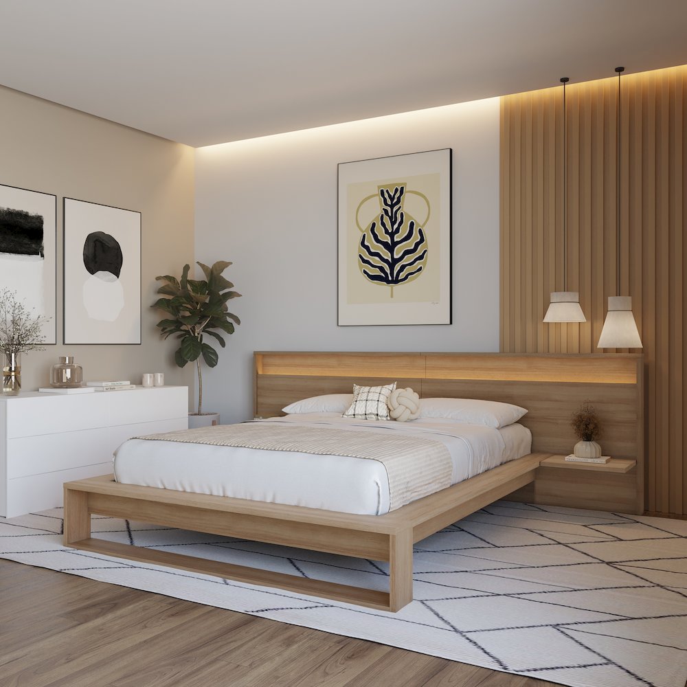 Lido Extended Headboard with Integrated Shelves and Lighting Brown Oak Color. Picture 5