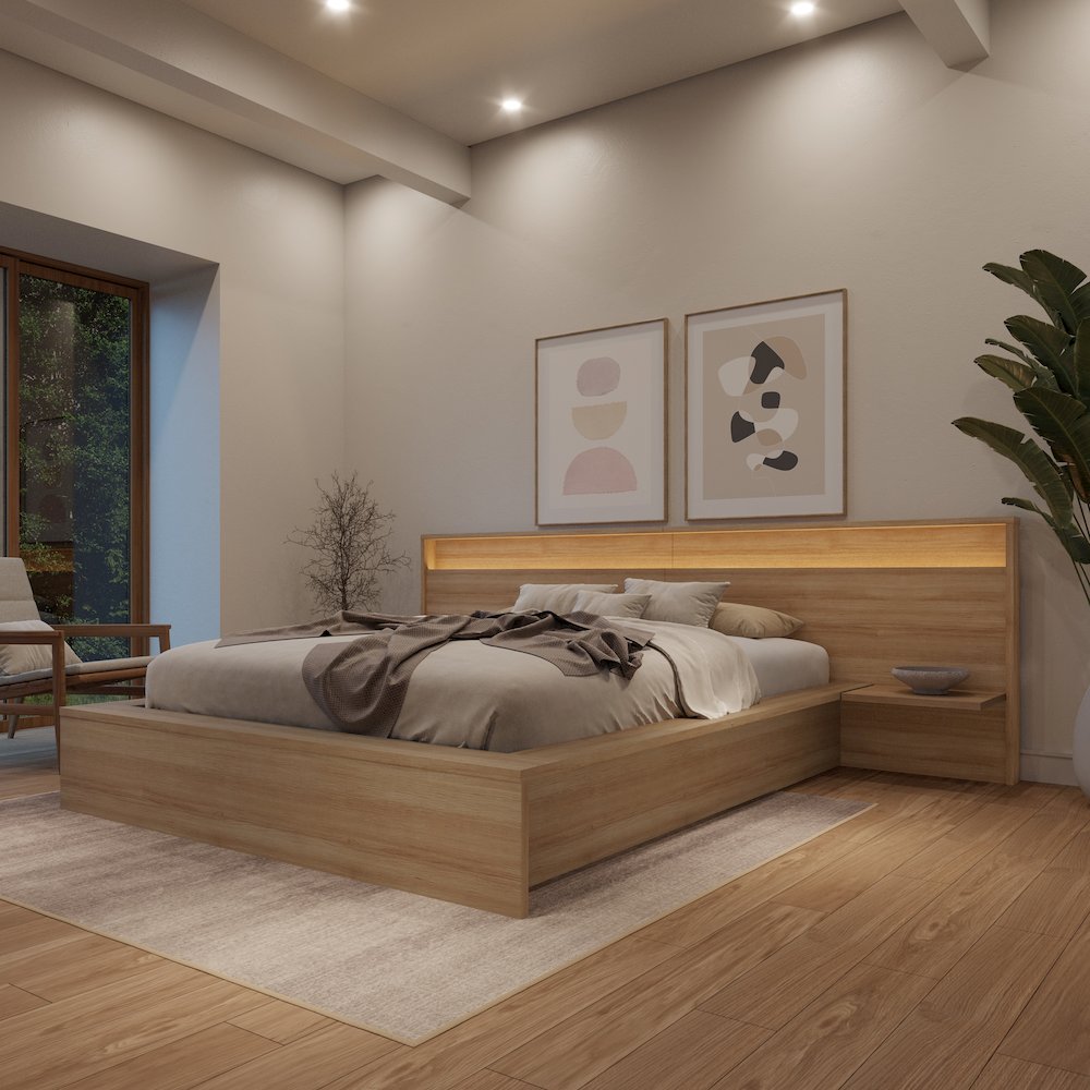 Lido Extended Headboard with Integrated Shelves and Lighting Brown Oak Color. Picture 3