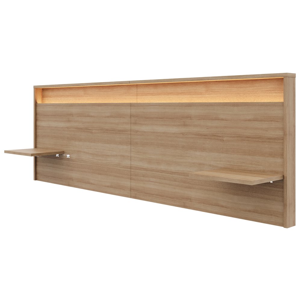 Lido Extended Headboard with Integrated Shelves and Lighting Brown Oak Color. Picture 1