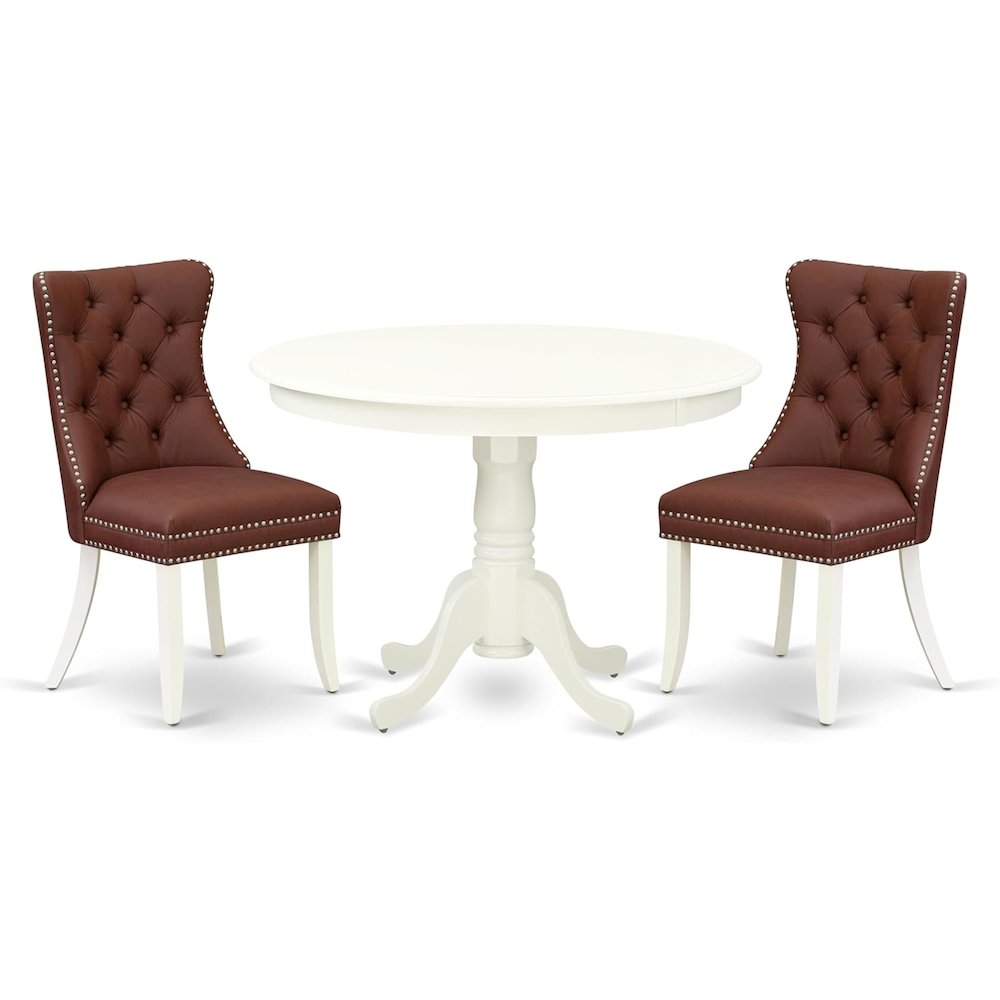 East West Furniture HLDA3-LWH-26 3 Piece Dining Room Furniture Set Includes a Round Kitchen Table with Pedestal and 2 Upholstered Parson Chairs, Small, Linen White. Picture 1