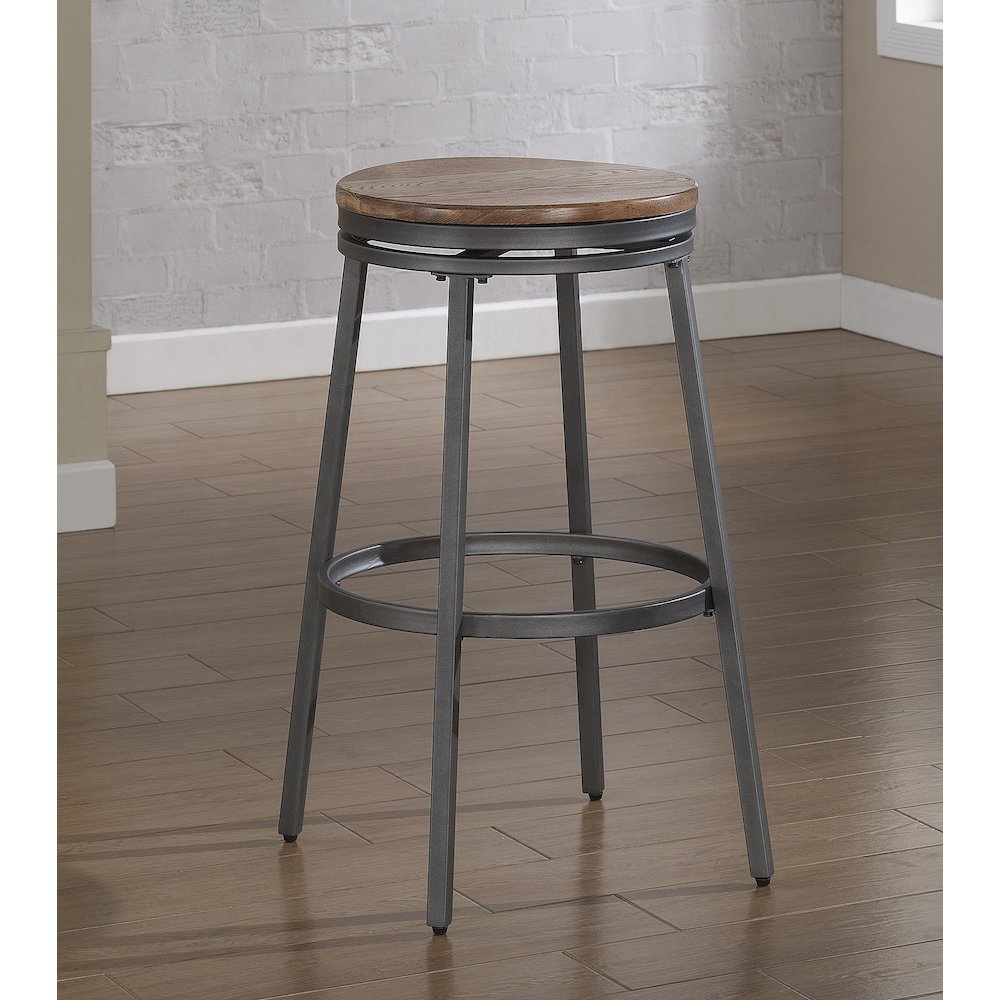Stockton 25" Backless Metal Swivel Stool - Slate Grey - Golden Oak Seat. Picture 5