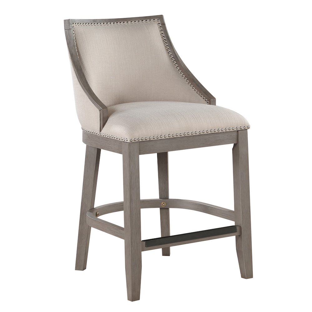 Keller Counter Height Stool 26" - Beige Fabric - Greywood Finish. Picture 1