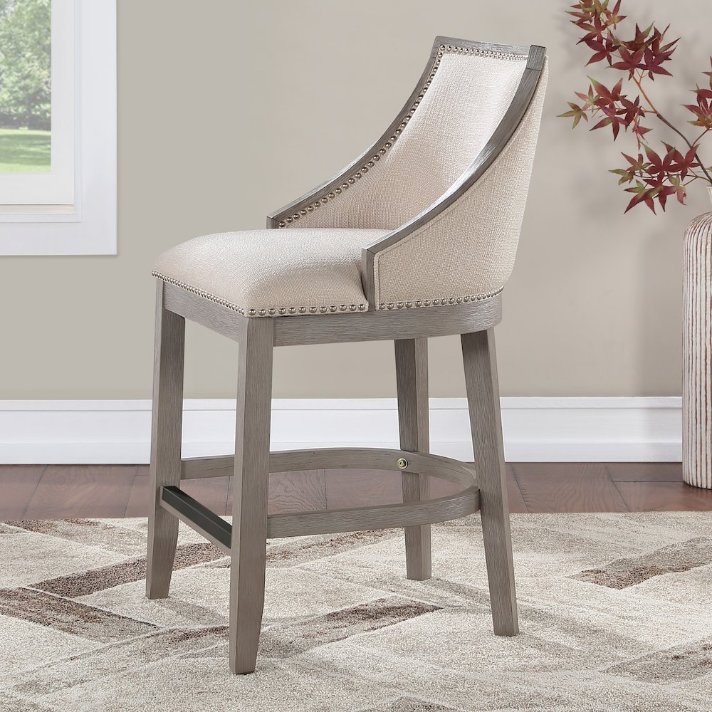 Keller Counter Height Stool 26" - Beige Fabric - Greywood Finish. Picture 9