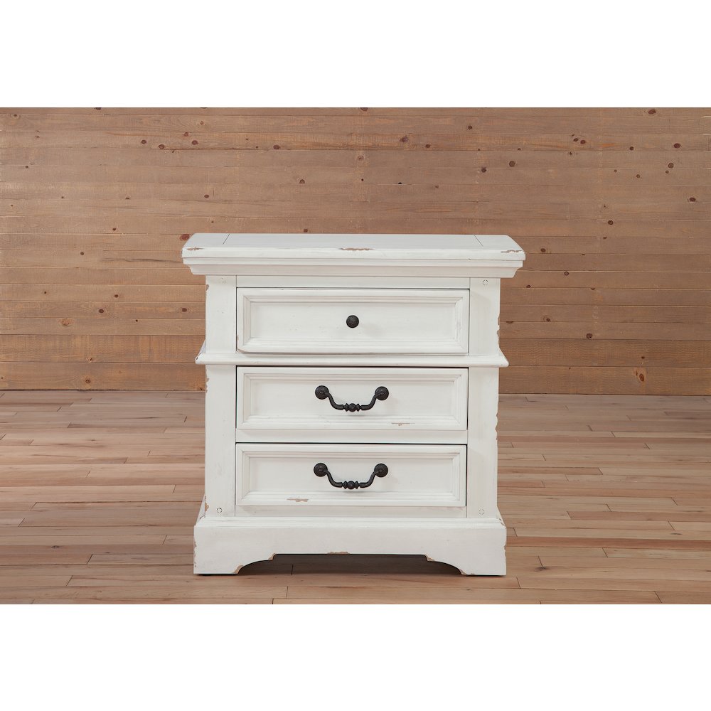 Stonebrook 3-Drawer Nightstand - Distressed Antique White. Picture 3