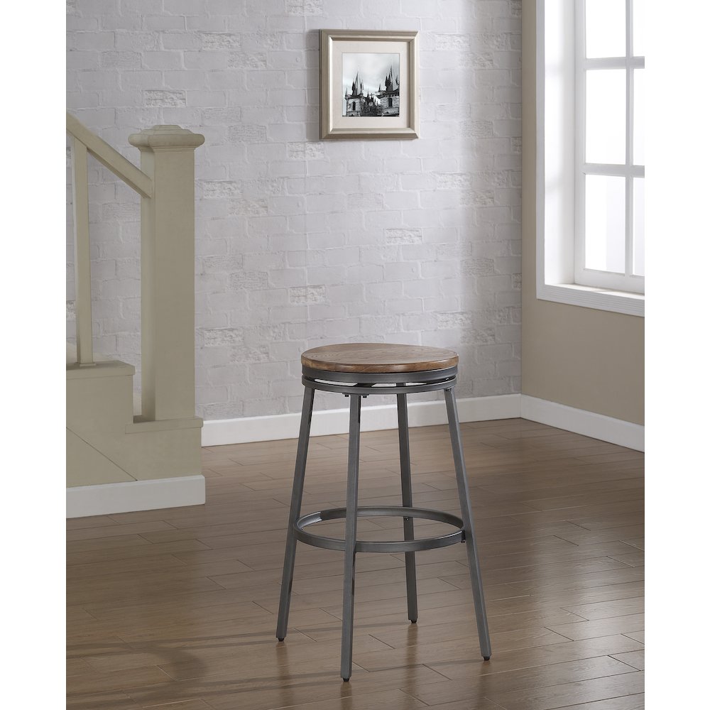 Stockton 25" Backless Metal Swivel Stool - Slate Grey - Golden Oak Seat. Picture 4