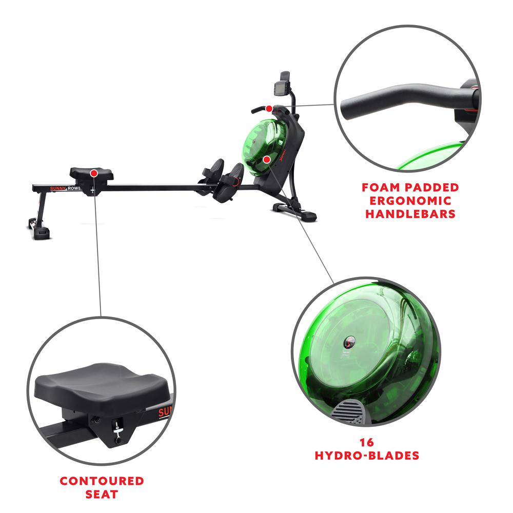 Sunny Health & Fitness Hydro + Dual Resistance Smart Magnetic Water Rowing Machine in Green- SF-RW522017GRN. Picture 5
