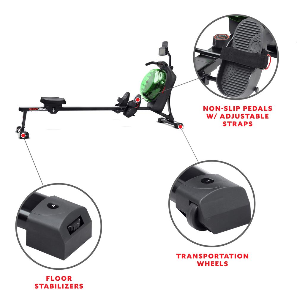 Sunny Health & Fitness Hydro + Dual Resistance Smart Magnetic Water Rowing Machine in Green- SF-RW522017GRN. Picture 6