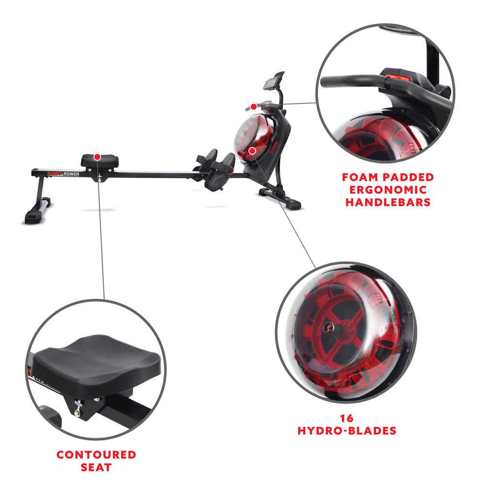 Sunny Health & Fitness Hydro + Dual Resistance Smart Magnetic Water Rowing Machine in Black - SF-RW522017BLK. Picture 5