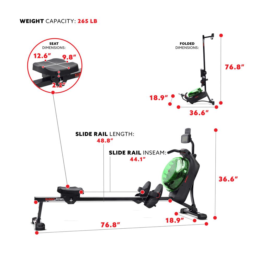 Sunny Health & Fitness Hydro + Dual Resistance Smart Magnetic Water Rowing Machine in Green- SF-RW522017GRN. Picture 2