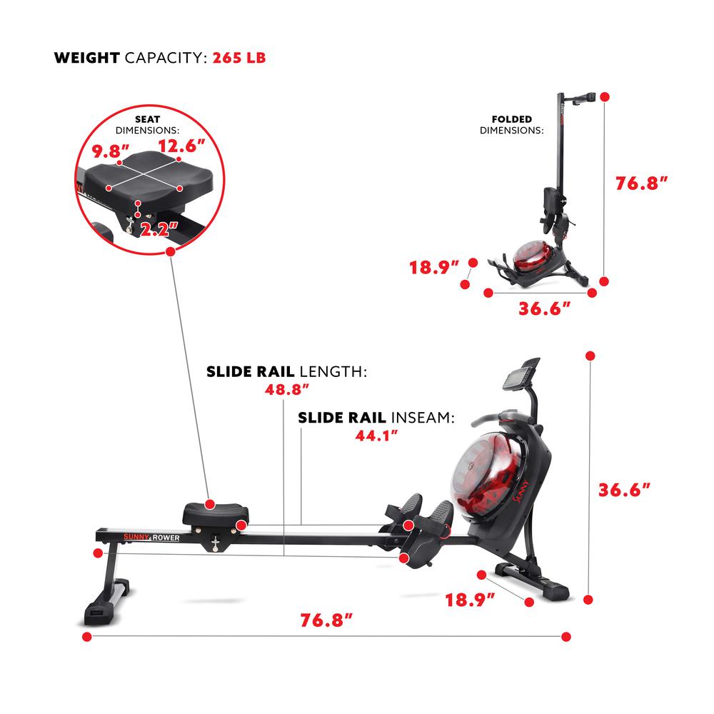 Sunny Health & Fitness Hydro + Dual Resistance Smart Magnetic Water Rowing Machine in Black - SF-RW522017BLK. Picture 7