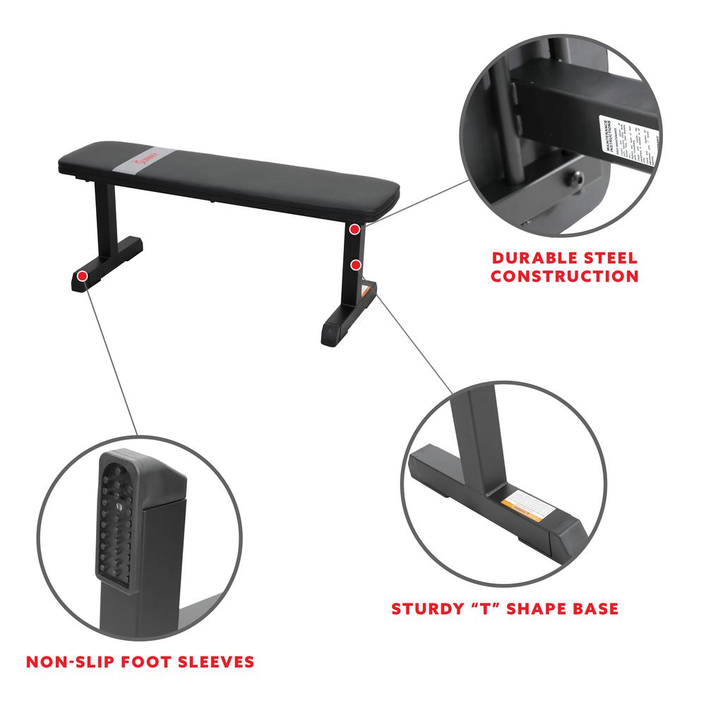 Sunny Health & Fitness Flat Weight Bench for Workout, Exercise and Home Gyms with 800 lb Weight Capacity - SF-BH620037. Picture 5