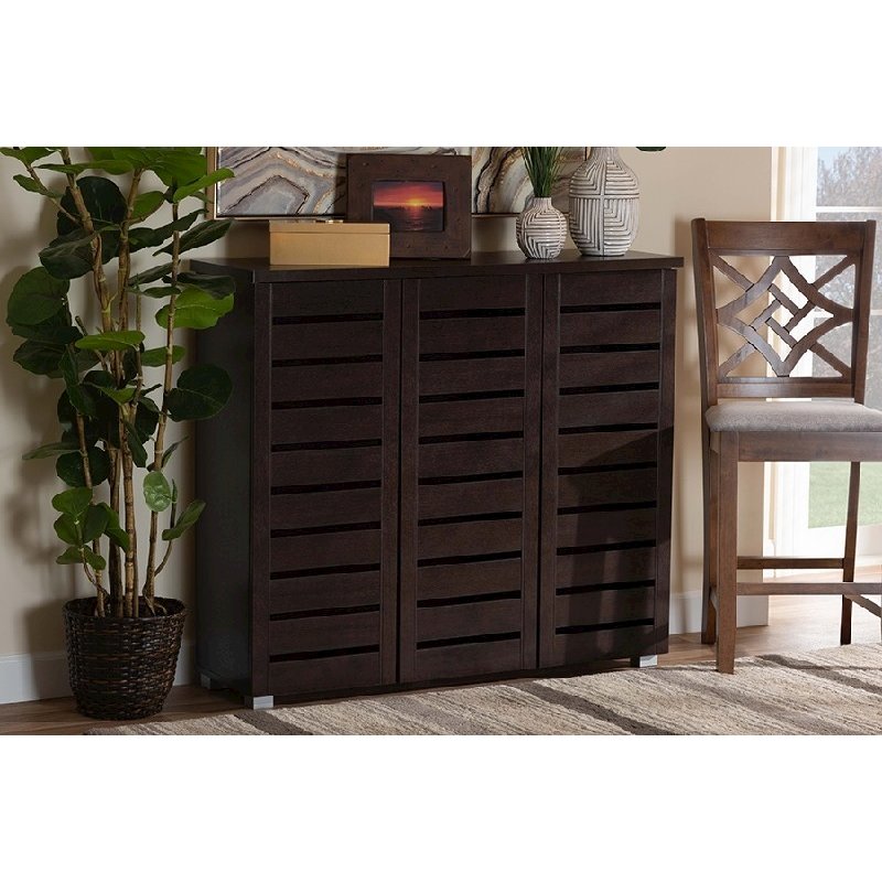 3-Door Dark Brown Wooden Entryway Shoes Storage Cabinet. Picture 1