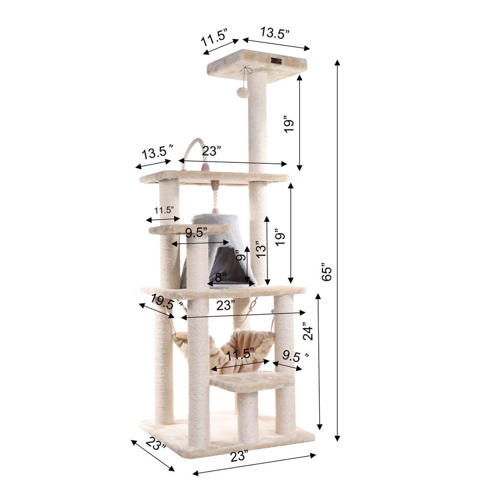 65" Real Wood Cat Tree With Sisal Rope, Hammock, Soft-Side Playhouse. Picture 9