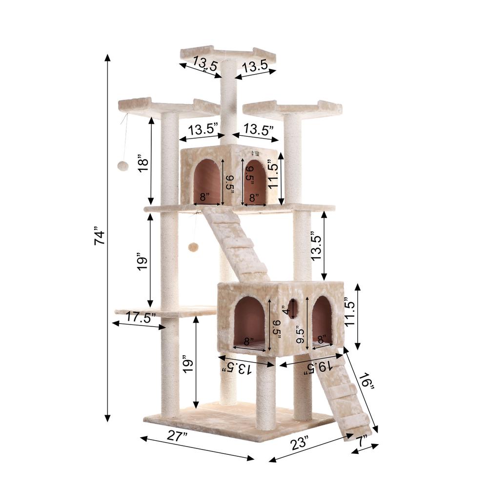 74" Multi-Level Real Wood Cat Tree Large With Sratchhing Posts, Beige. Picture 11