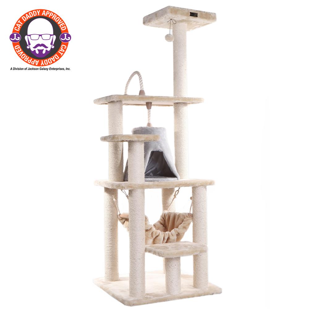 65" Real Wood Cat Tree With Sisal Rope, Hammock, Soft-Side Playhouse. Picture 1
