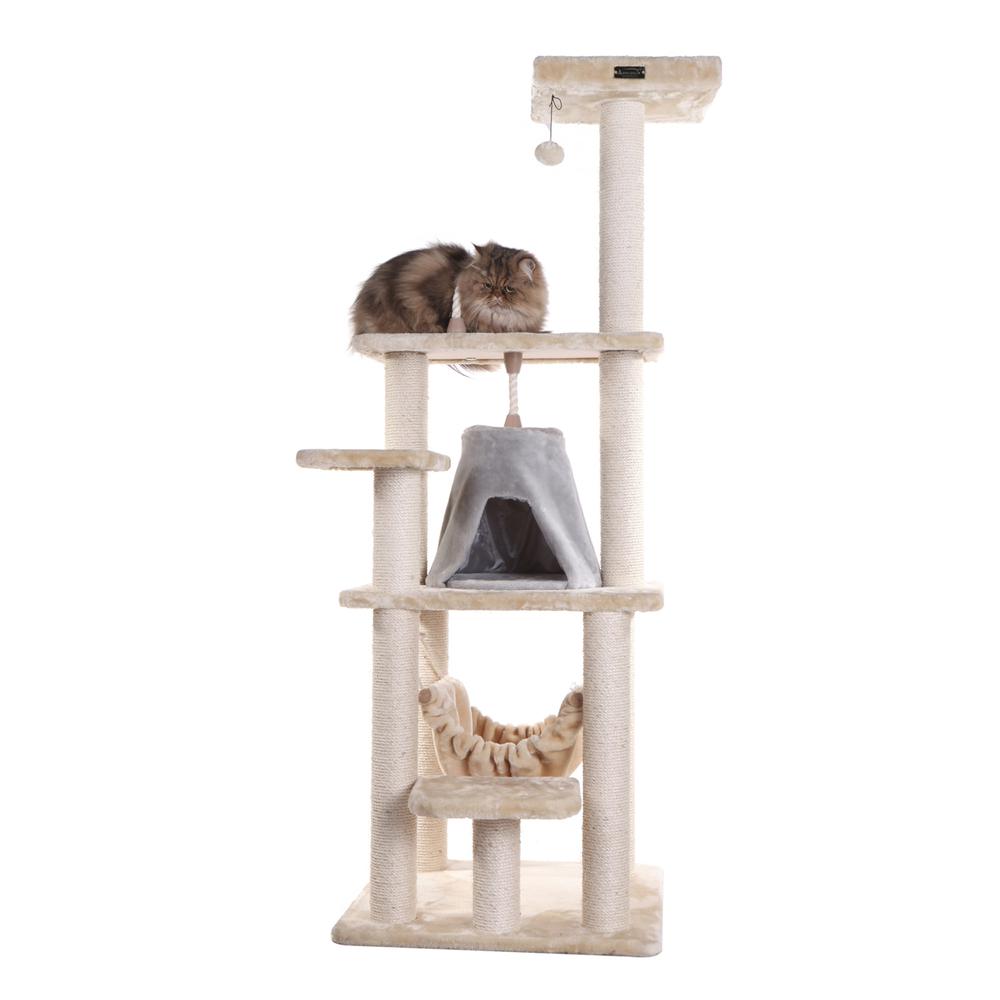 65" Real Wood Cat Tree With Sisal Rope, Hammock, Soft-Side Playhouse. Picture 2