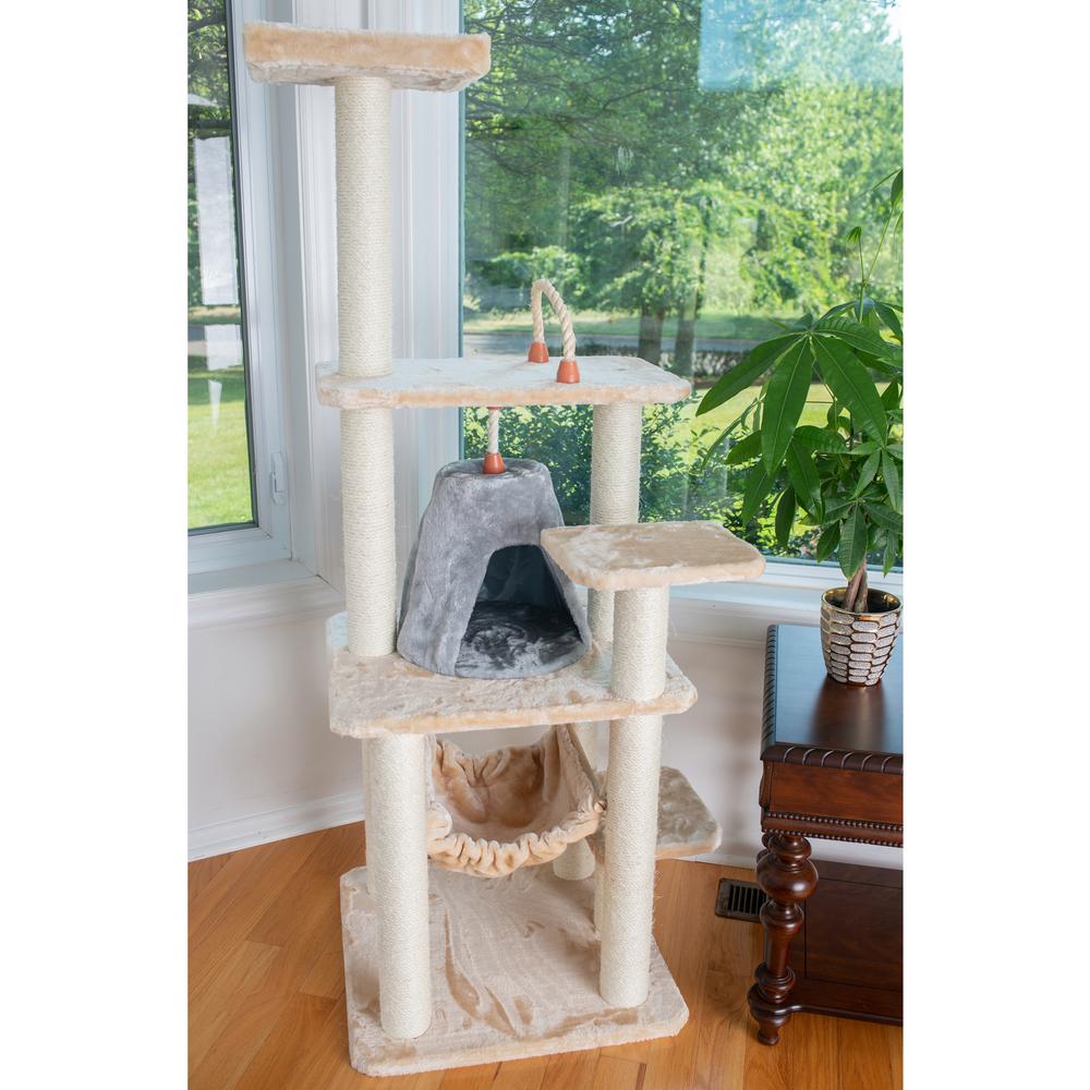 65" Real Wood Cat Tree With Sisal Rope, Hammock, Soft-Side Playhouse. Picture 3
