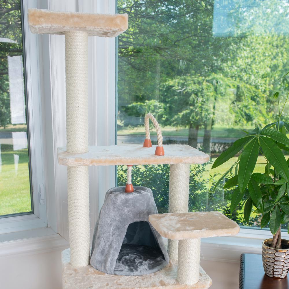 65" Real Wood Cat Tree With Sisal Rope, Hammock, Soft-Side Playhouse. Picture 4