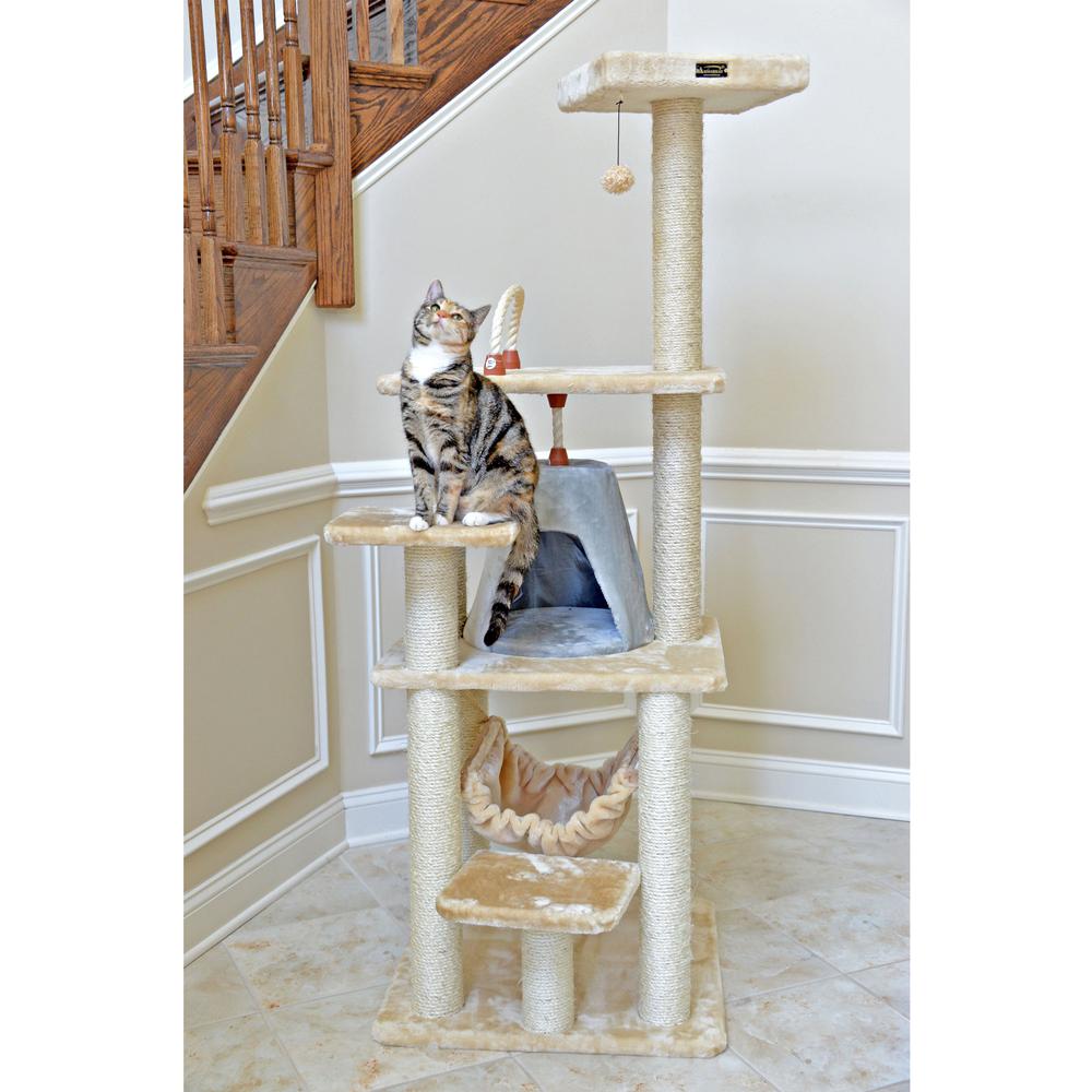 65" Real Wood Cat Tree With Sisal Rope, Hammock, Soft-Side Playhouse. Picture 5