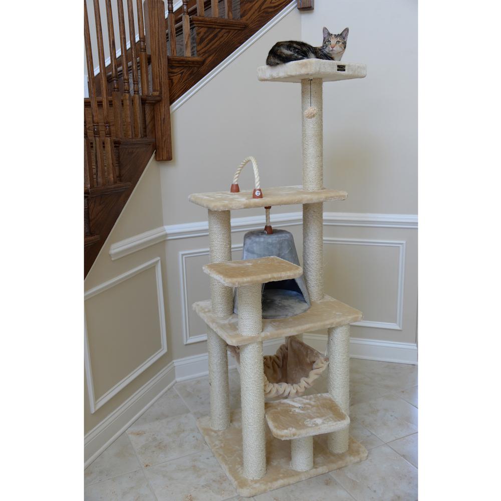 65" Real Wood Cat Tree With Sisal Rope, Hammock, Soft-Side Playhouse. Picture 6