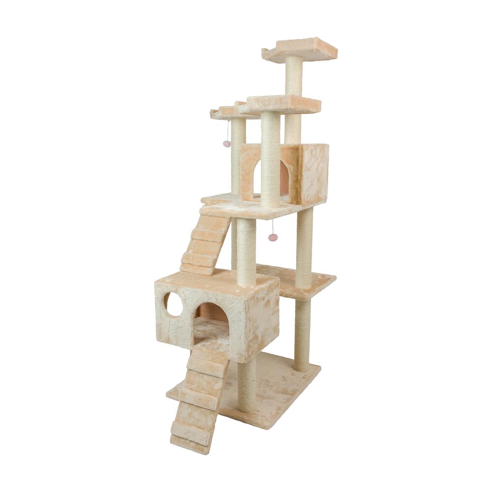 74" Multi-Level Real Wood Cat Tree Large With Sratchhing Posts, Beige. Picture 3