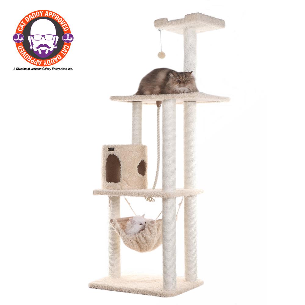 70" Real Wood Cat Furniture,Ultra Thick Faux Fur Covered Cat Condo House, Beige. Picture 1