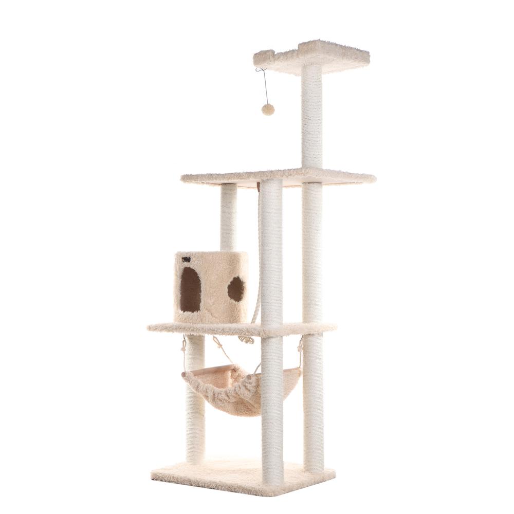 70" Real Wood Cat Furniture,Ultra Thick Faux Fur Covered Cat Condo House, Beige. Picture 2
