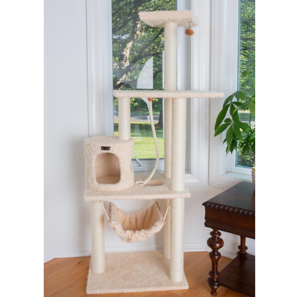 70" Real Wood Cat Furniture,Ultra Thick Faux Fur Covered Cat Condo House, Beige. Picture 3