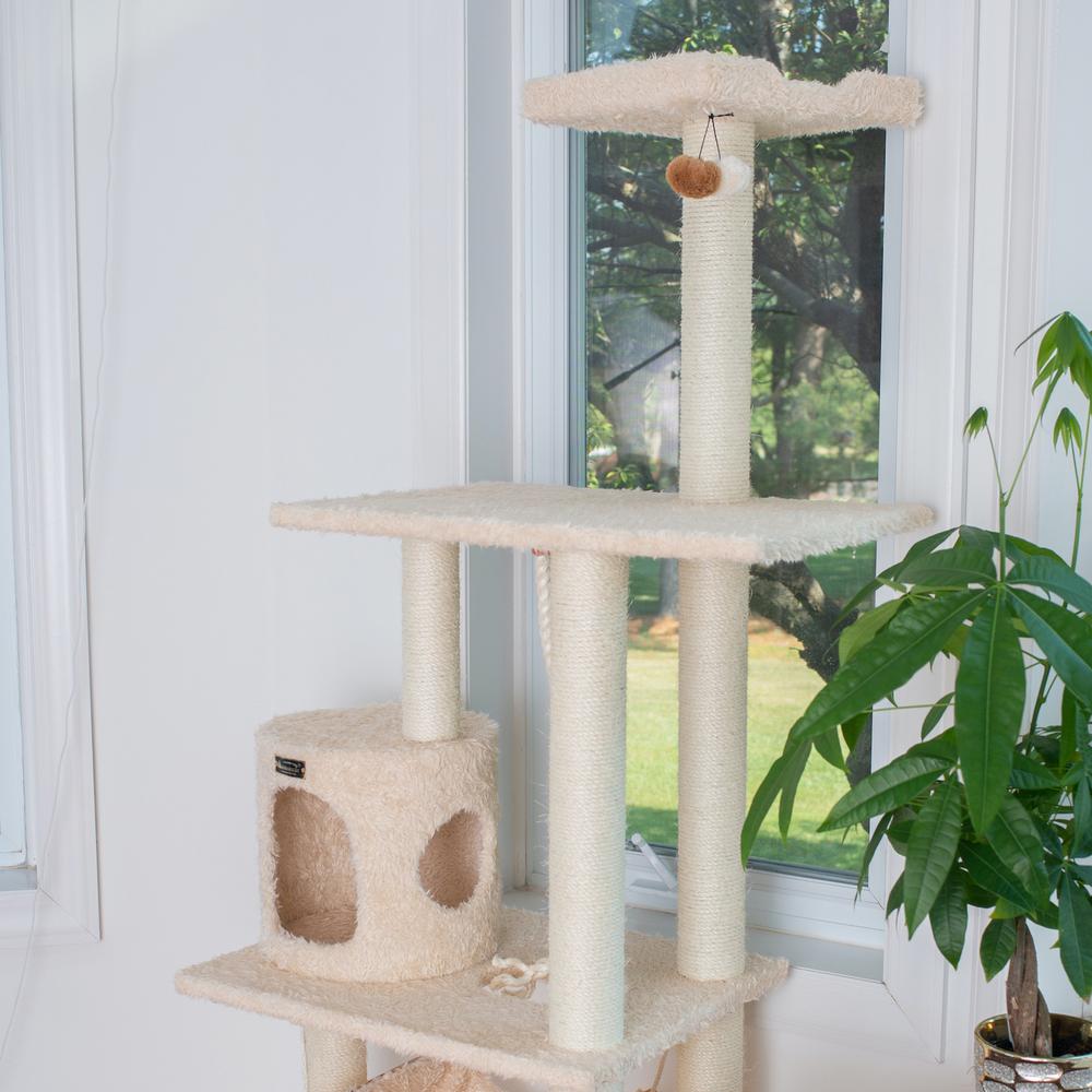70" Real Wood Cat Furniture,Ultra Thick Faux Fur Covered Cat Condo House, Beige. Picture 4