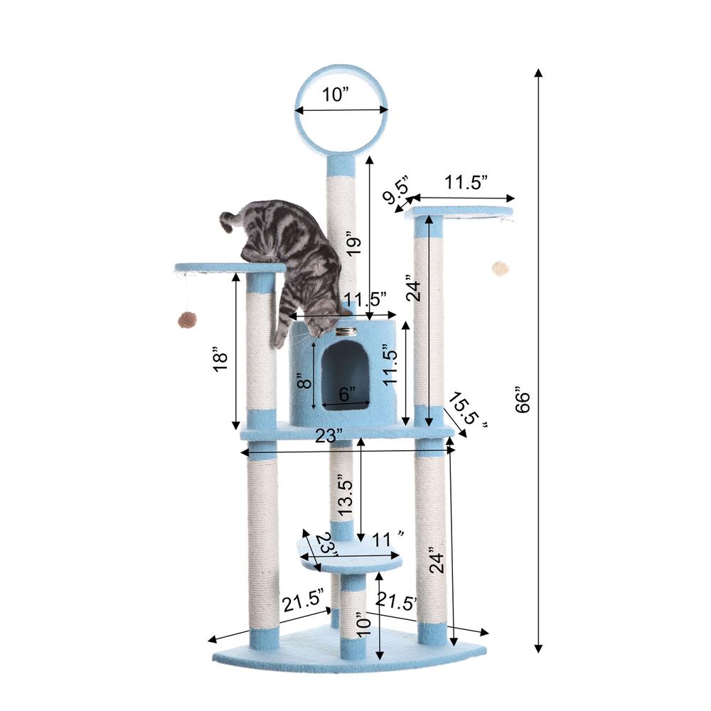 65-Inch Classic Real Wood Cat Tree In Sky Blue, Five Levels. Picture 2