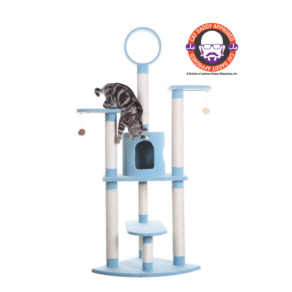 65-Inch Classic Real Wood Cat Tree In Sky Blue, Five Levels. Picture 1