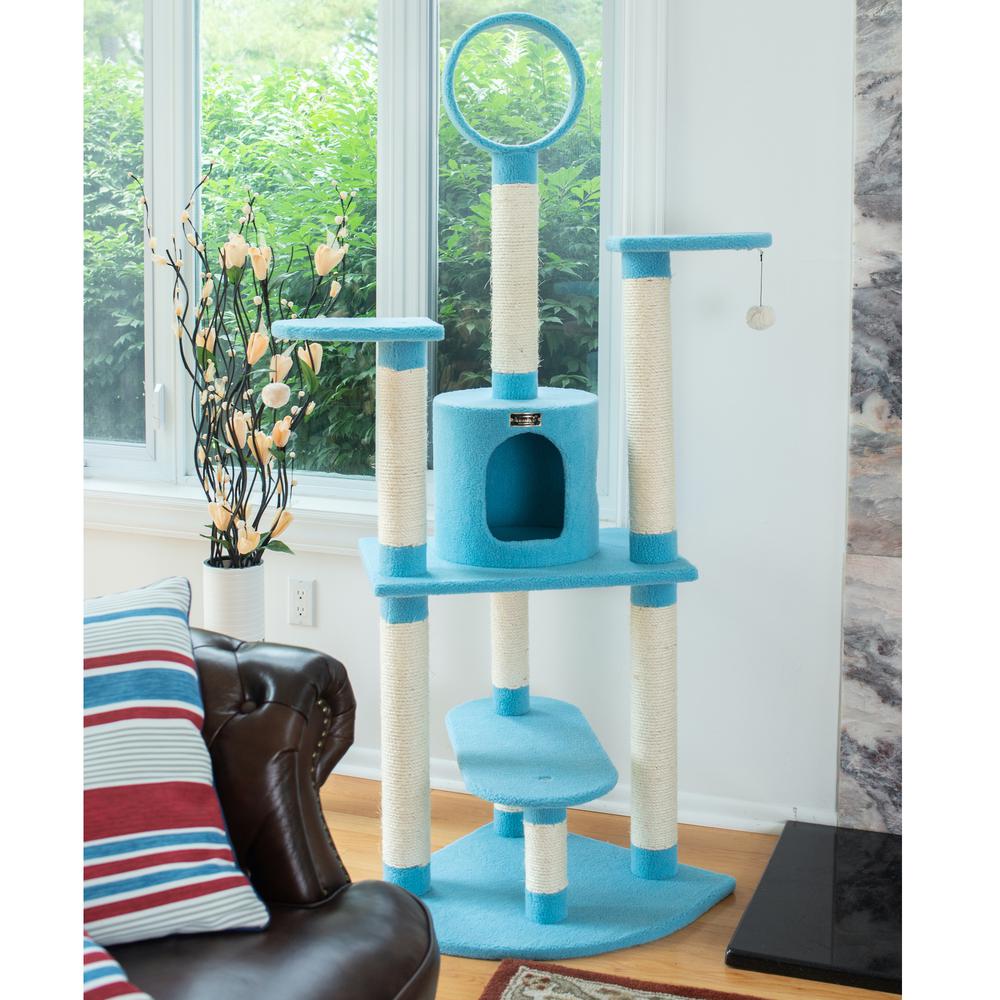 65-Inch Classic Real Wood Cat Tree In Sky Blue, Five Levels. Picture 5