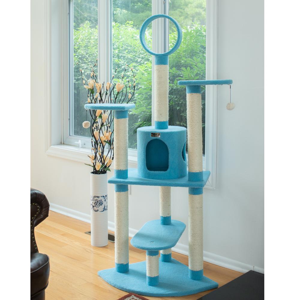 65-Inch Classic Real Wood Cat Tree In Sky Blue, Five Levels. Picture 4