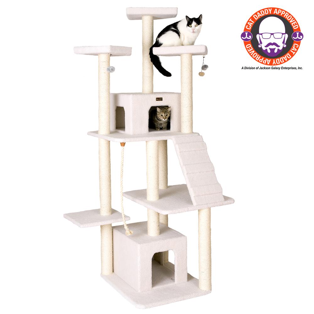 Classic Real Wood Cat Tree In Ivory, Multi Levels With Ramp. Picture 1