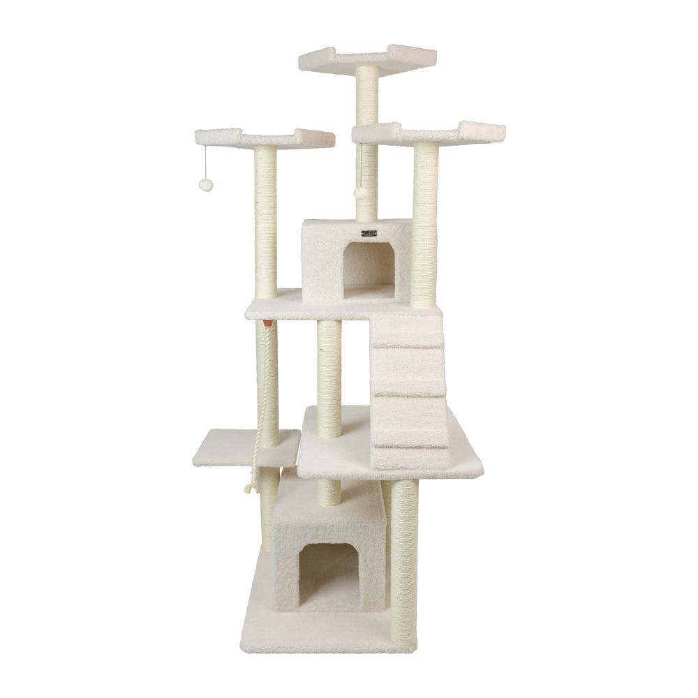 Classic Real Wood Cat Tree In Ivory, Multi Levels With Ramp. Picture 2