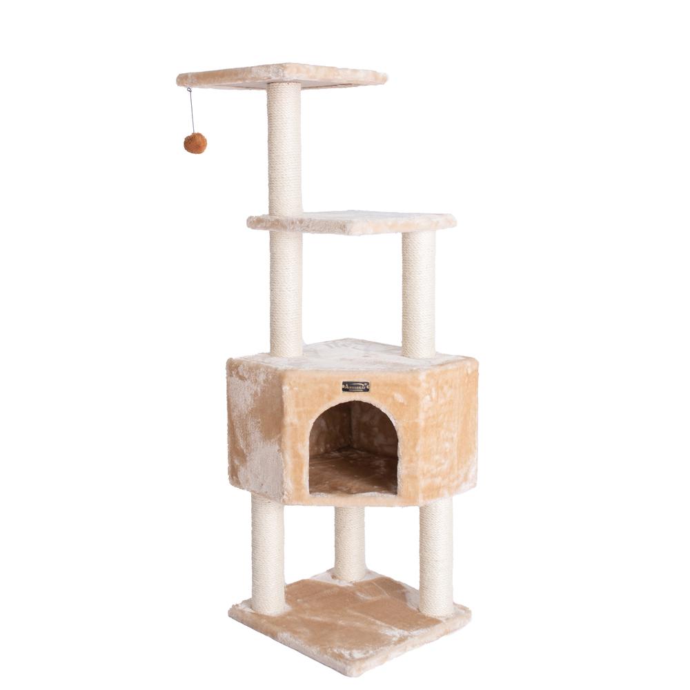 3 Levels Real Wood Cat Tower For Kittens Play 48 Height Beige. Picture 1