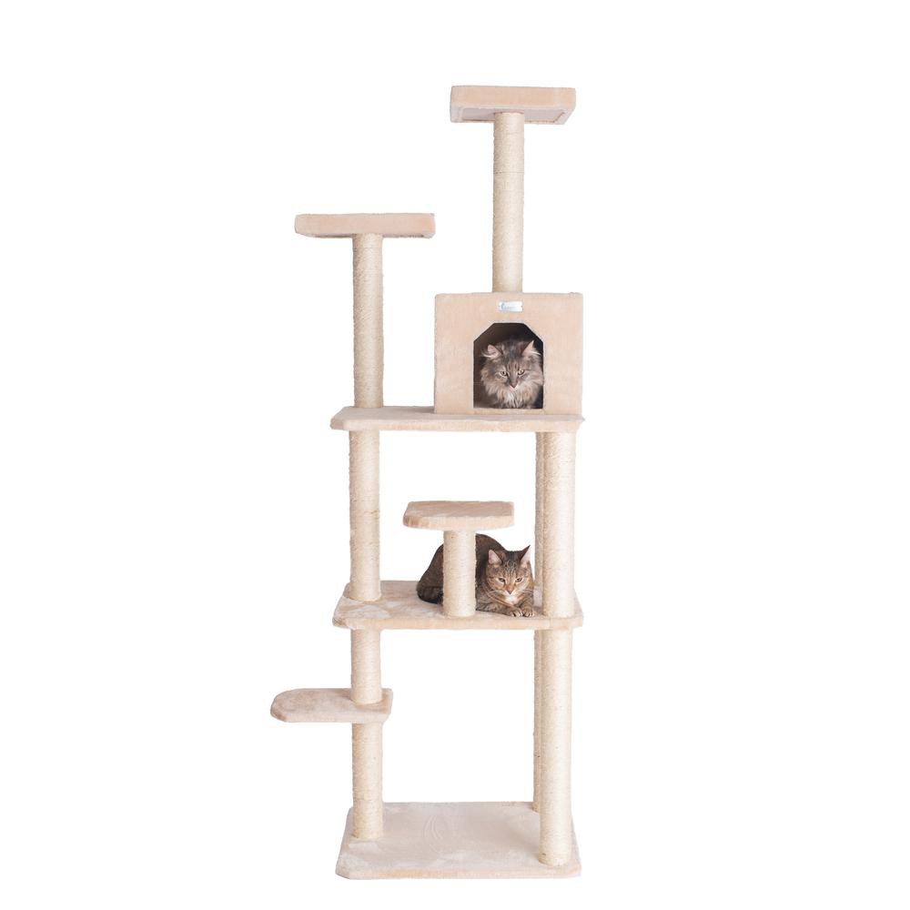 74-Inch Real Wood Cat Tree With Seven Levels, Beige. Picture 1