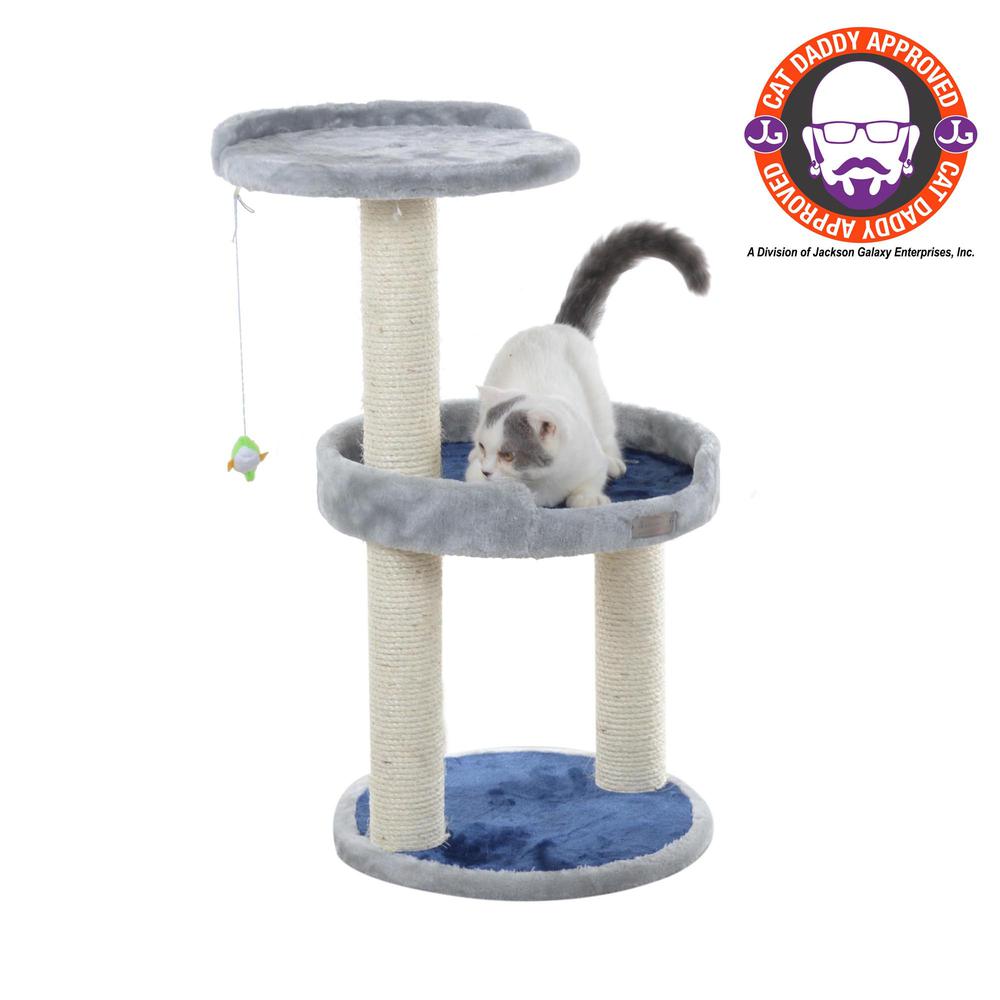 Three-Level Real Wood Compact Scratcher, Gray W Plush Perch. Picture 1