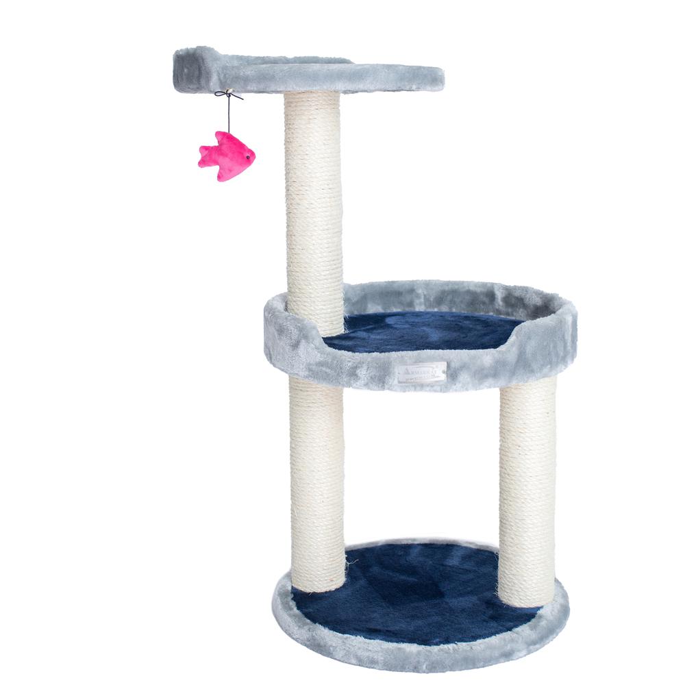Three-Level Real Wood Compact Scratcher, Gray W Plush Perch. Picture 2