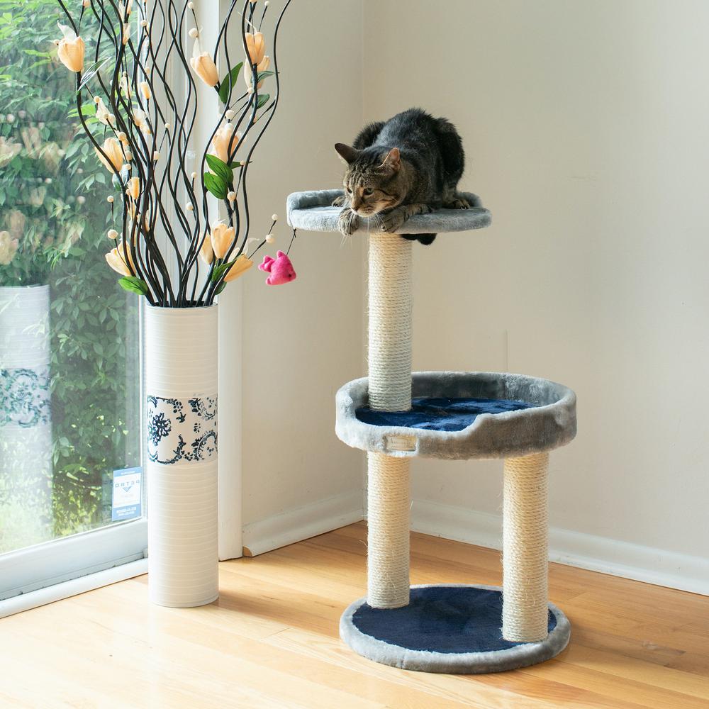 Three-Level Real Wood Compact Scratcher, Gray W Plush Perch. Picture 5