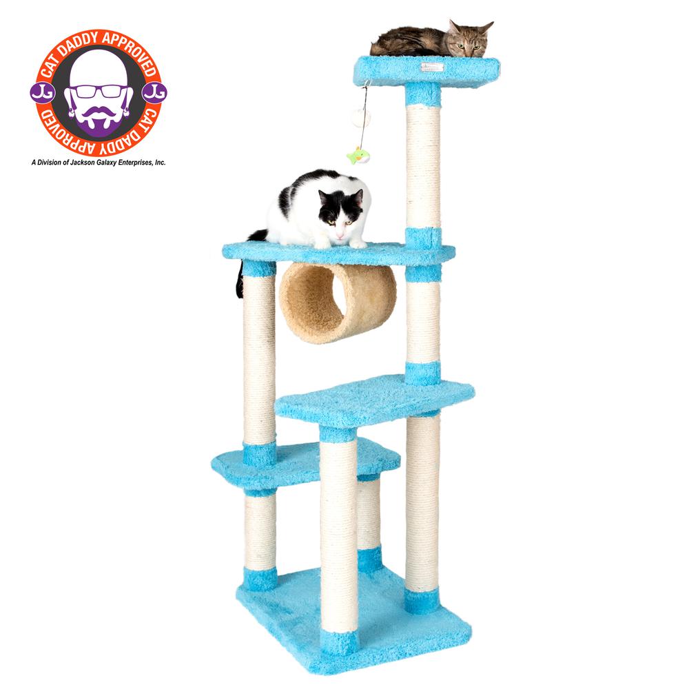 Real Wood Cat Climber, Cat Junggle Tree With Platforms,Skyblue. Picture 1