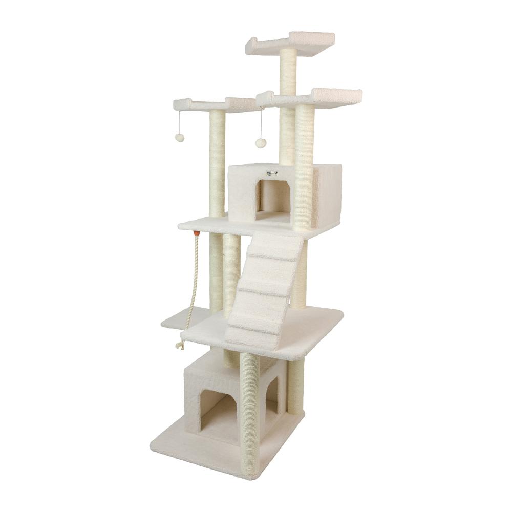 Classic Real Wood Cat Tree In Ivory, Multi Levels With Ramp. Picture 3