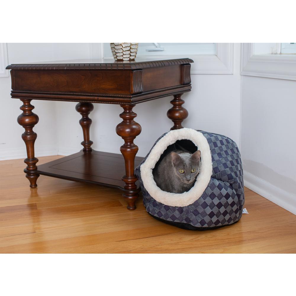 Cuddle Cave Cat Bed C44 For Cats & Puppy Dogs, Blue Checkered. Picture 4