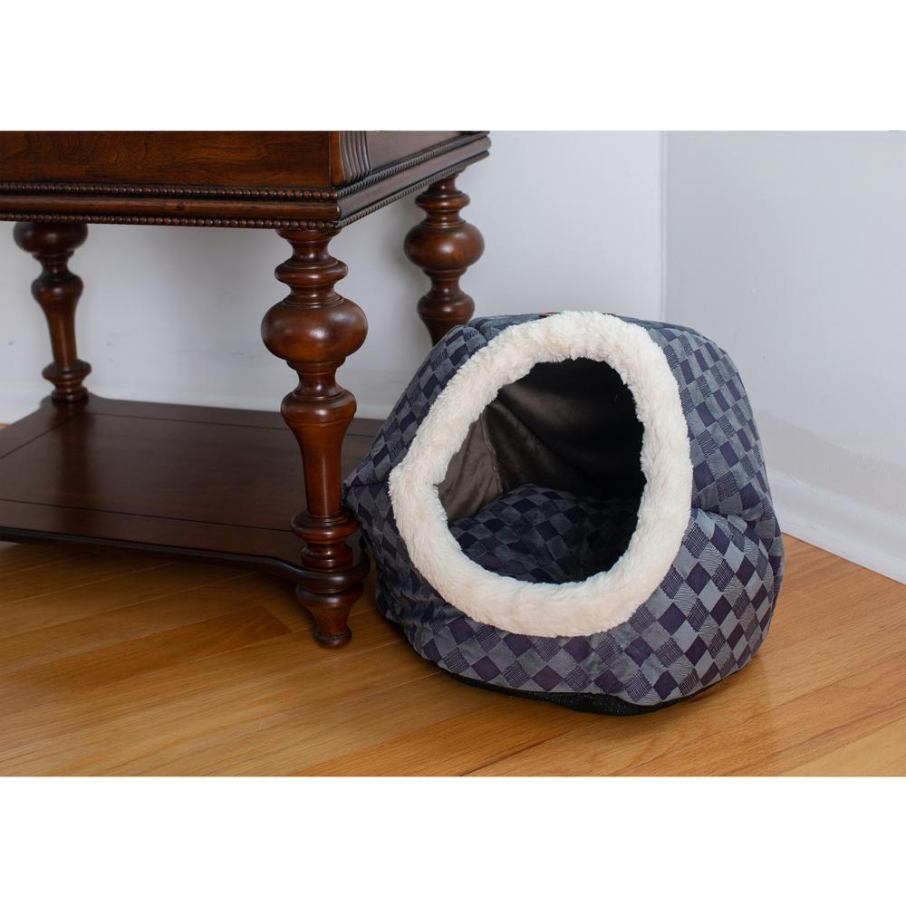 Cuddle Cave Cat Bed C44 For Cats & Puppy Dogs, Blue Checkered. Picture 5