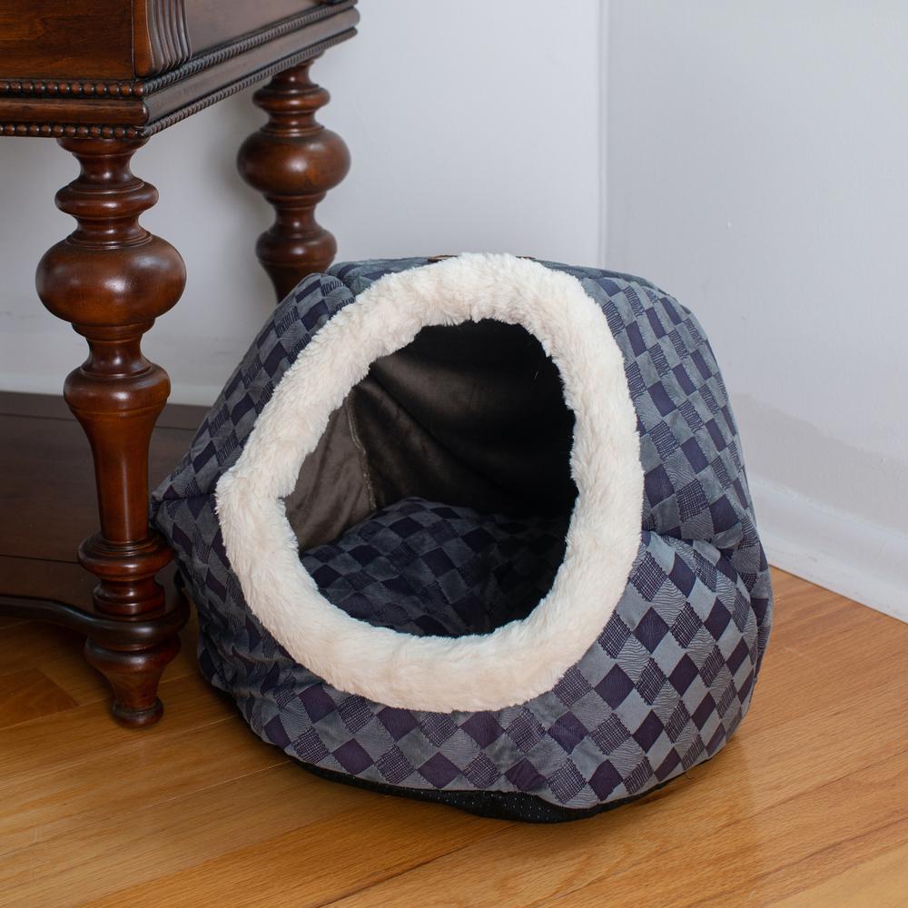 Cuddle Cave Cat Bed C44 For Cats & Puppy Dogs, Blue Checkered. Picture 7