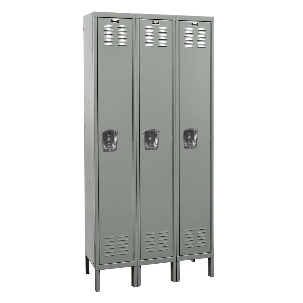 Hallowell Premium Locker, 725 Dark Gray, Single Tier, 3-Wide, Assembled. Picture 1